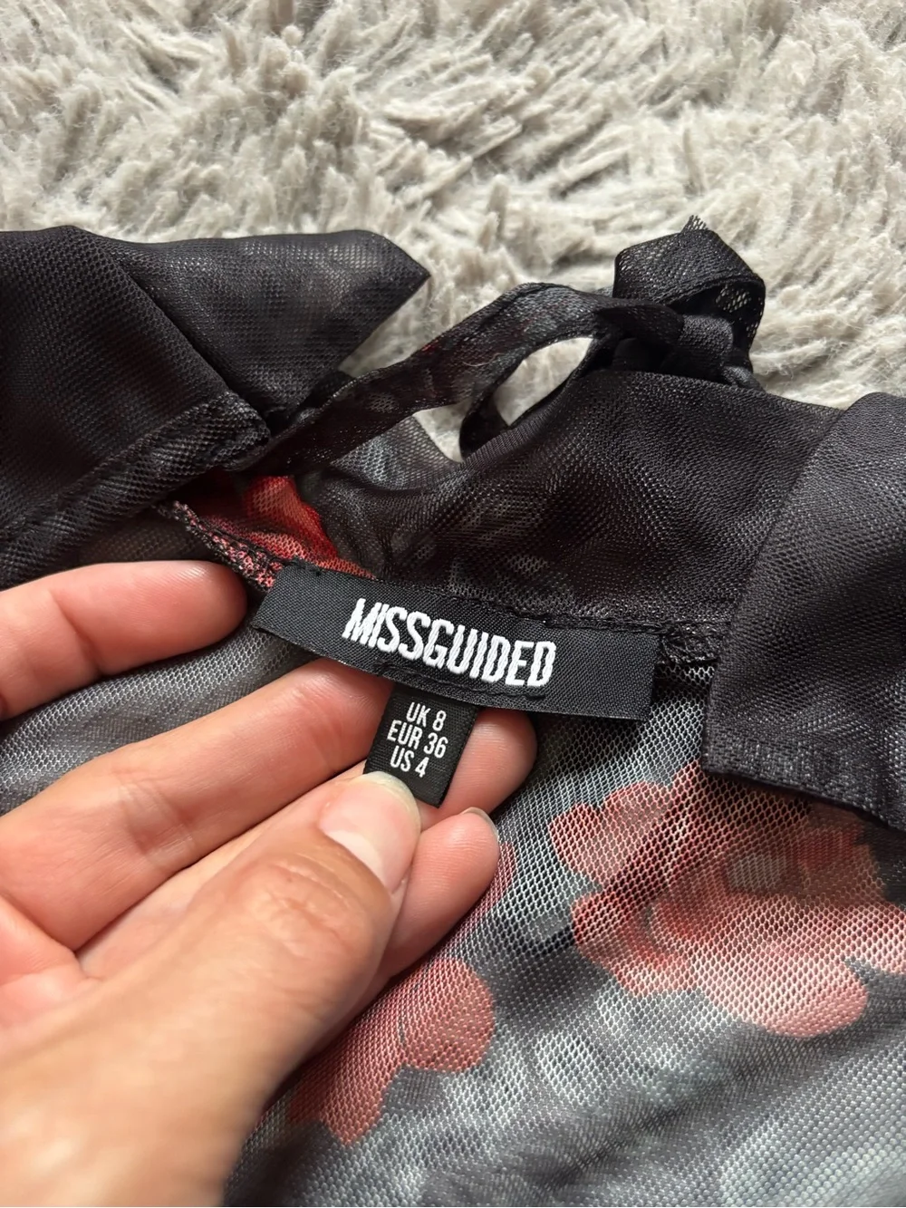 Missguided + Black Sheer Mesh Long-Sleeve Top with Red Rose Print size 4